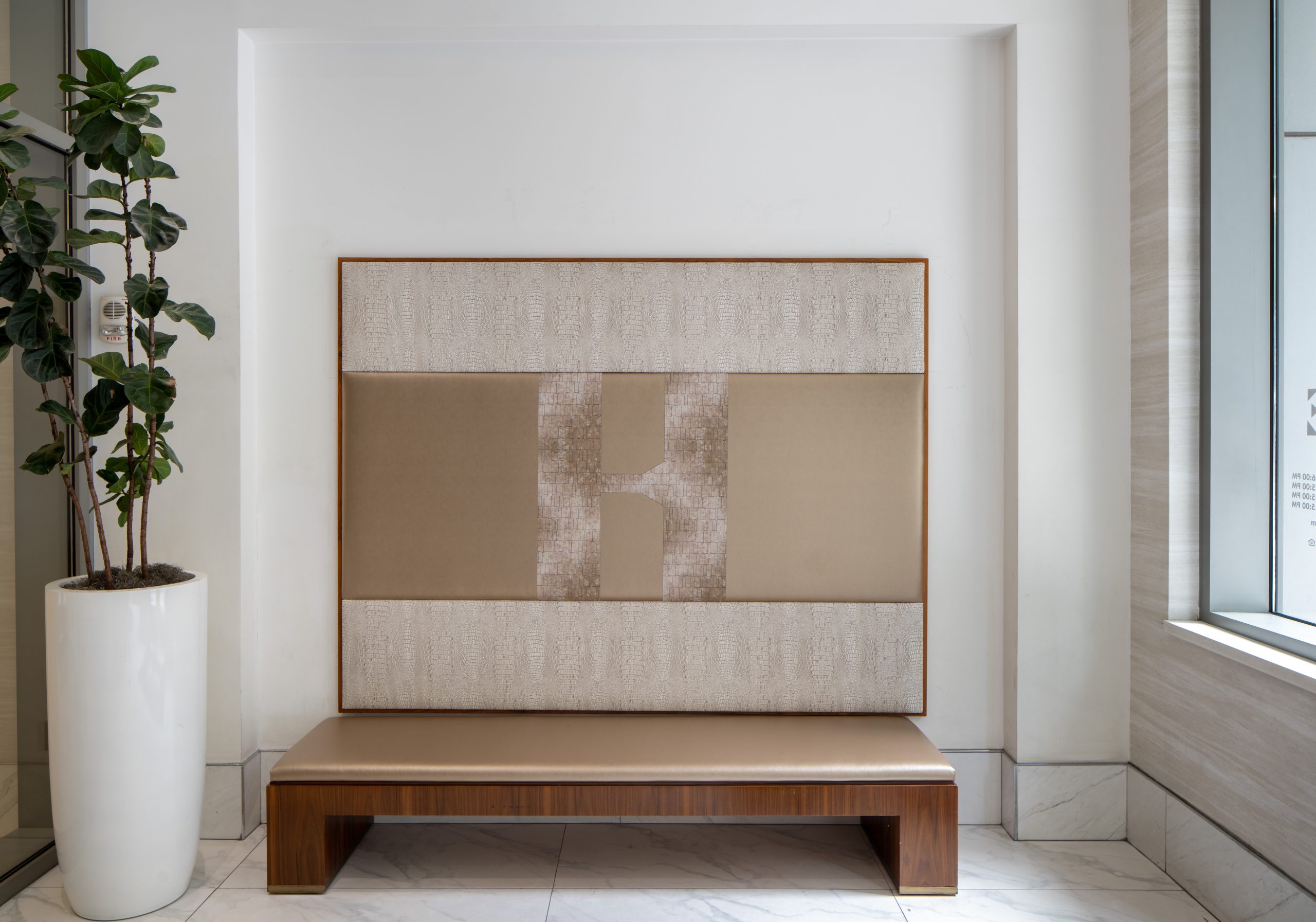 Upscale bench in the lobby of The Hue Midtown luxury apartments in Atlanta, GA
