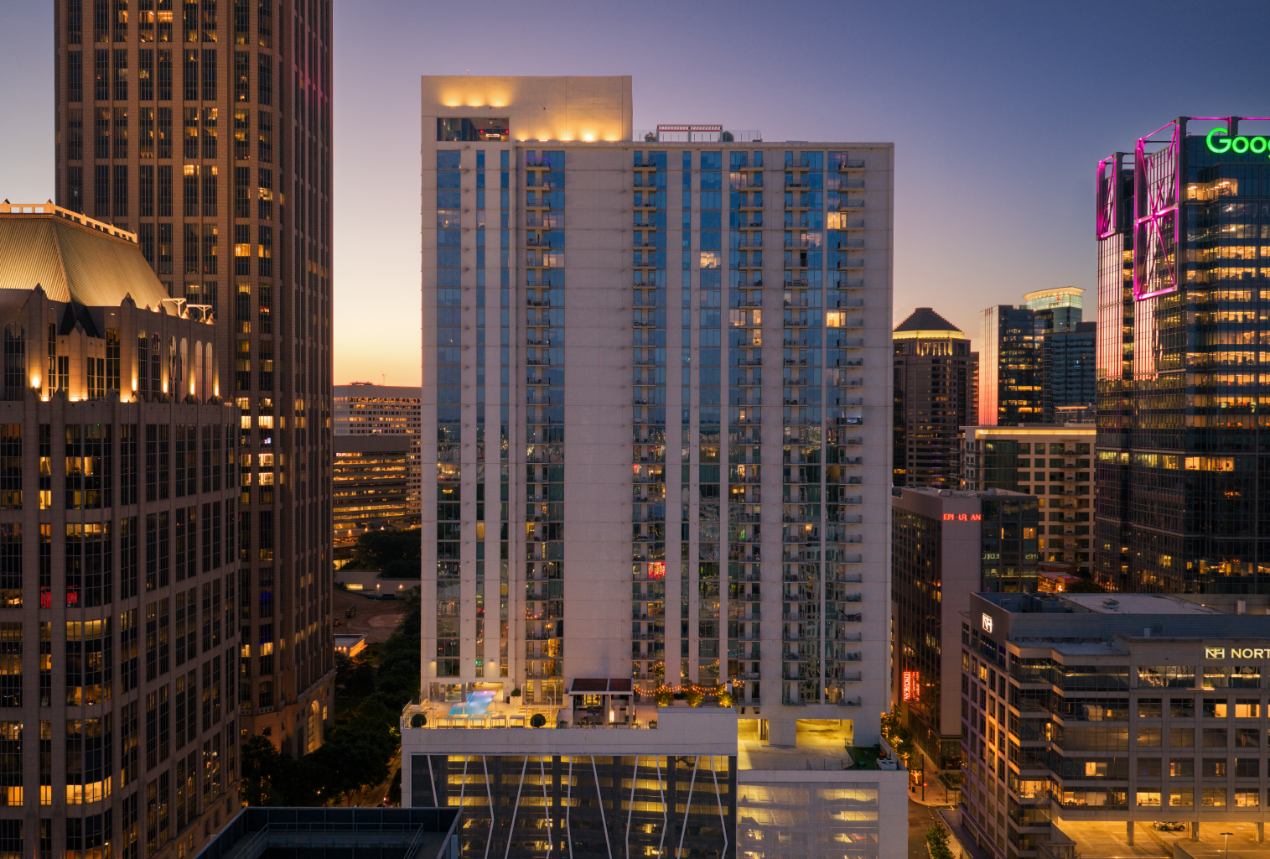 TheHueMidtown_LuxuryApartmentCommunity_PreDawnAerialOnePoint_AtlantaGA